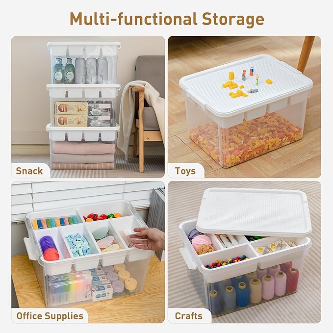 Citylife 32 QT Stackable Toy Storage with Building Baseplate Lid and Removable Tray Tool Box Organizer Storage Bins with Lids for Organizing Bead, Tool, Sewing, 2 Packs