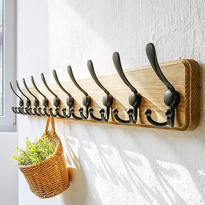 Dseap Coat Rack Wall - Heavy-Duty 38-1/4" Long, with Reinforced 10 Custom Tri-Hooks, Solid Wood Wall Hanger for Coats Hat Jackets - Rustic Farmhouse Entryway Hallway Storage, Weathered Brown & Black