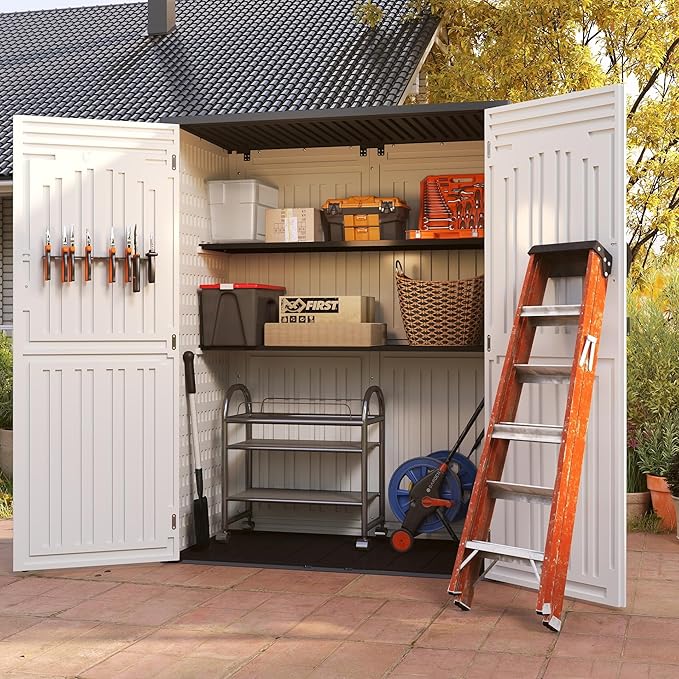 EHHLY Vertical Resin Storage Shed, 60 Cuft Garden Tool Sheds & Outdoor Storage, Plastic Outdoor Storage Cabinet Waterproof, 4.5 x 2.3 ft Backyard Outside Lawn Mower Storage Shed, Light Grey