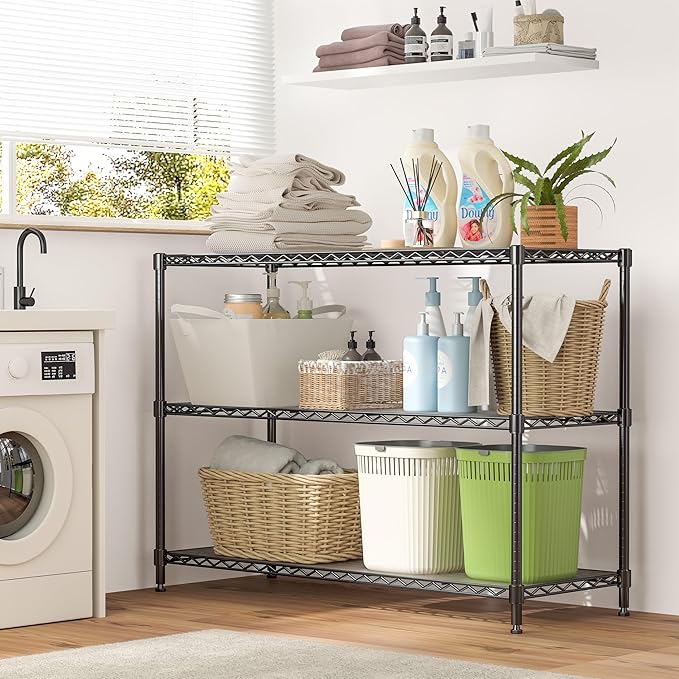 3-Shelf Adjustable Storage Shelves 36" W x 14" D x 36" H Metal Shelving Unit Heavy Duty Wire Rack Small Organizer with 3 Shelf Liners for Kitchen Pantry Bathroom Laundry Closet Garage Black