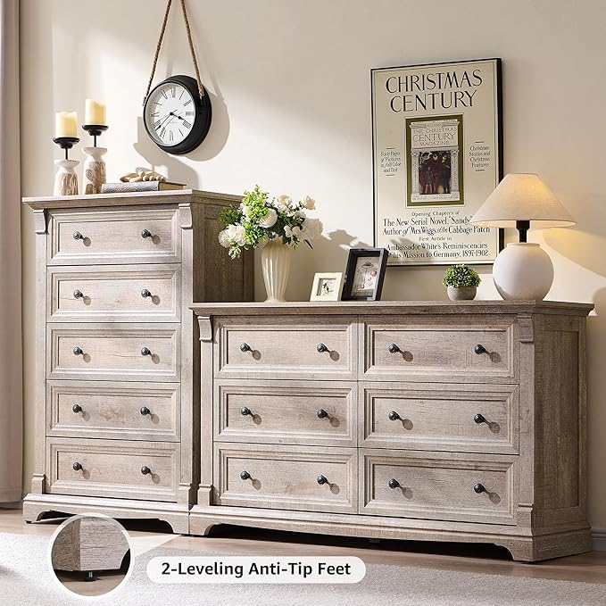 T4TREAM Farmhouse 5 Drawers Dresser for Bedroom, 47" Tall Wood Rustic Chest of Drawers, Vintage Design with Metal Handle, Light Rustic Oak