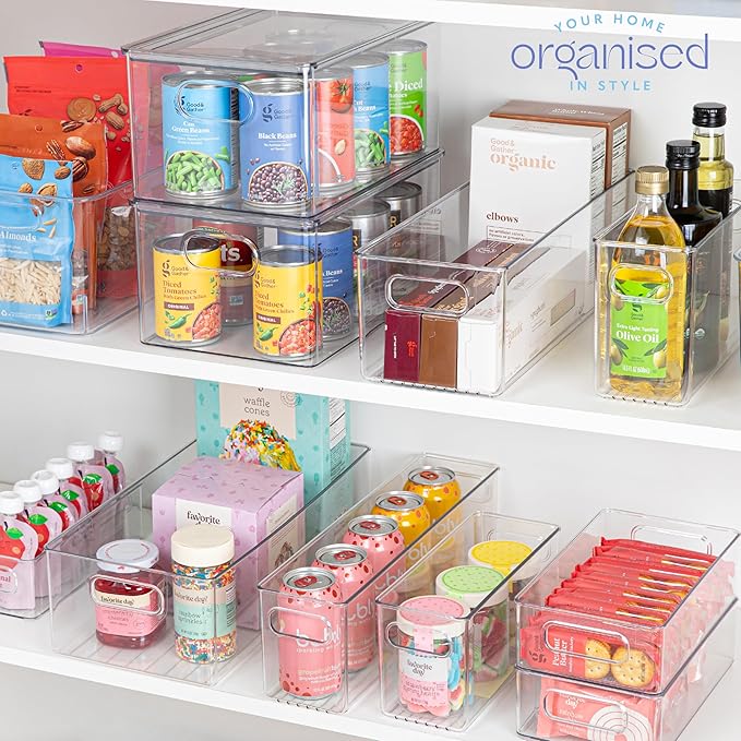 primebox Plastic Food Storage 6 Pack Clear Container Bin with Handles for Organizing Kitchen, Pantry, Fridge, Freezer, Pantry,Bathroom. 16"x4"x5"