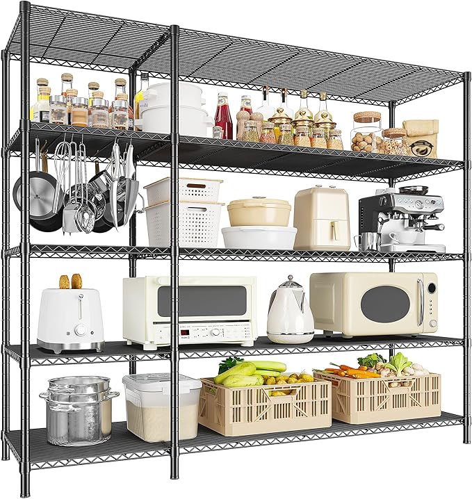 70.8H Wire Shelving Rack, 5Tier Metal Shelving Unit,1400LBS Heavy Duty Storage Shelves,Adjustable Pantry Shelves, Metal Shelf and Storage Rack,Industrial Shelving 52.36W x13.78Dx70.8H,Black