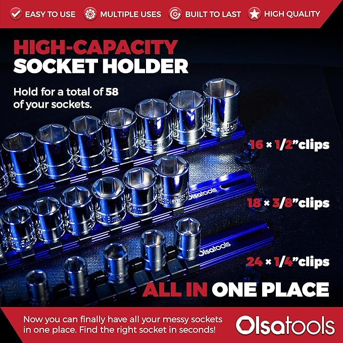 Olsa Tools 3 Pc Set Aluminum Socket Organizer with Locking End Caps | 1/4-Inch Drive x 24 Clips, 3/8-Inch Drive x 18 Clips, 1/2-Inch Drive x 16 Clips | Professional Quality Socket Holder (Blue)