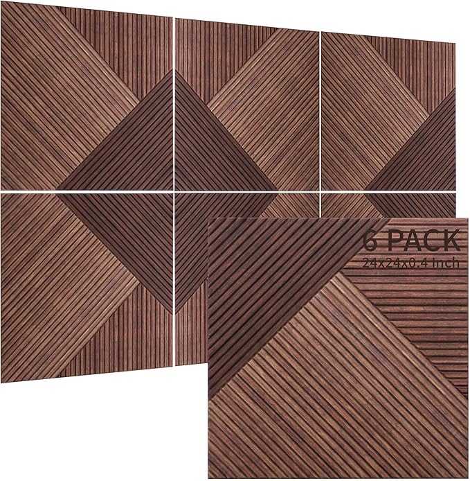 TO-TH Acoustic Panels for Wall and Ceiling - 6 Pack 2'x2'x0.4",Self-Adhesive 3D UV Printing Decorative Wall Panels with Wood Look,Red Sandalwood