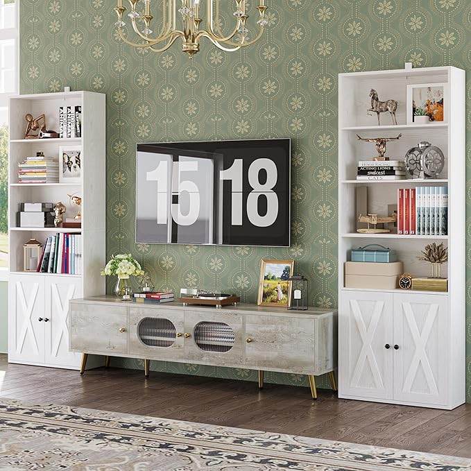 IRONCK Industrial Bookshelves and Bookcases with Doors Set of 2 Floor Standing 6 Shelf Display Storage Shelves 70 in Tall Bookcase for Home Office, Living Room