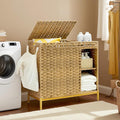 Laundry Hamper with Lid, 110L (29.1 Gal) Rattan Laundry Hamper 2 Section with 50L (13.2 Gal) Storage Shelf, Wicker Woven Laundry Sorter Basket with 3 Liner Bags and Handles, Natural GLH002N