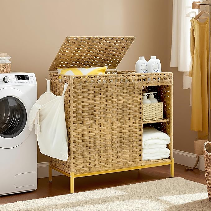 Laundry Hamper with Lid, 110L (29.1 Gal) Rattan Laundry Hamper 2 Section with 50L (13.2 Gal) Storage Shelf, Wicker Woven Laundry Sorter Basket with 3 Liner Bags and Handles, Natural GLH002N