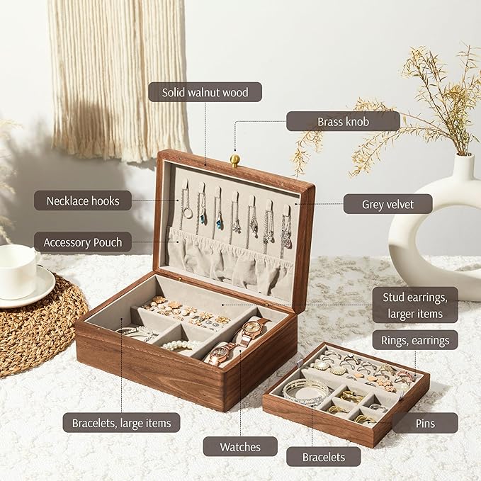 Wooden Jewelry Box, Two Layer Medium Size Real Natural Solid Walnut Wood, Vintage Organizer with Earring Storage, Ring Compartments, Built in Necklace Hooks, Watch Cushions, ek16-m-grey
