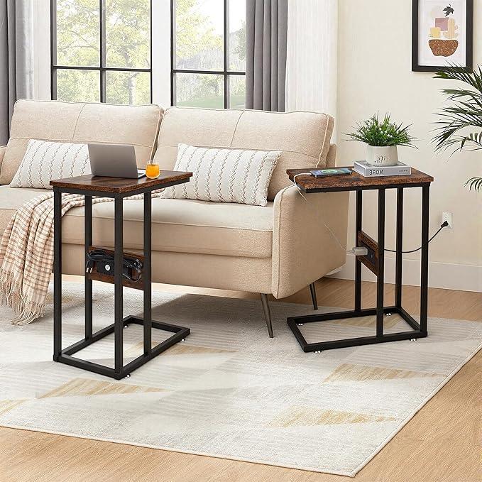 VECELO C Shaped End Side Table with Charging Station & Power Outlets for Couch Sofa/Bed, Snack TV Tray with Metal Frame for Living Room Bedroom 1 PCS, Brown