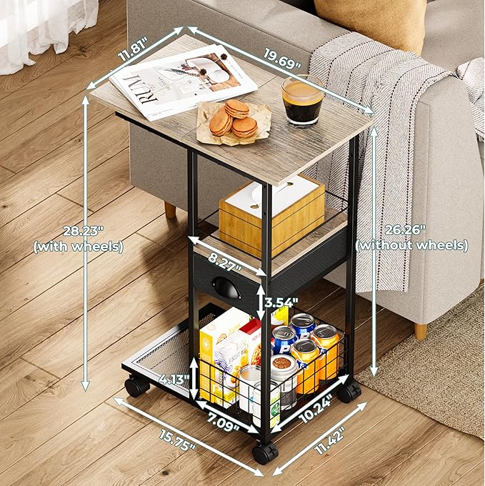 Rolling C Shaped Side Table with Storage Drawer, Ivory Portable Desk on Wheels, Bedside Table for Sofa Couch & Bed, Small Overbed Laptop Desk, Mobile Coffee End Table for Bedroom Living Room Dorm