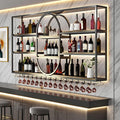 63IN Large Wall Mount Wine Rack, Metal 4 Tier Hanging Bottle Holder with Wine Glass Storage Racks, Modern Floating Wine Shelves for Home Bar Dining Room Decoration (Black)