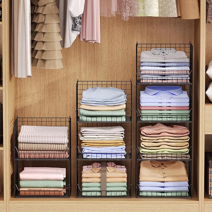 4-Tier Extra Height Stackable Closet Organizer – Foldable Storage Bins for Sweaters, Jeans, and Clothes – Sturdy Iron Mesh Shelves for Neat and Efficient Closet Storage – Black