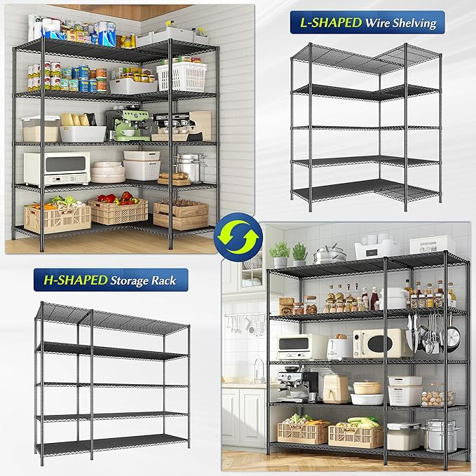 70.8H Wire Shelving Rack, 5Tier Metal Shelving Unit,1400LBS Heavy Duty Storage Shelves,Adjustable Pantry Shelves, Metal Shelf and Storage Rack,Industrial Shelving 52.36W x13.78Dx70.8H,Black