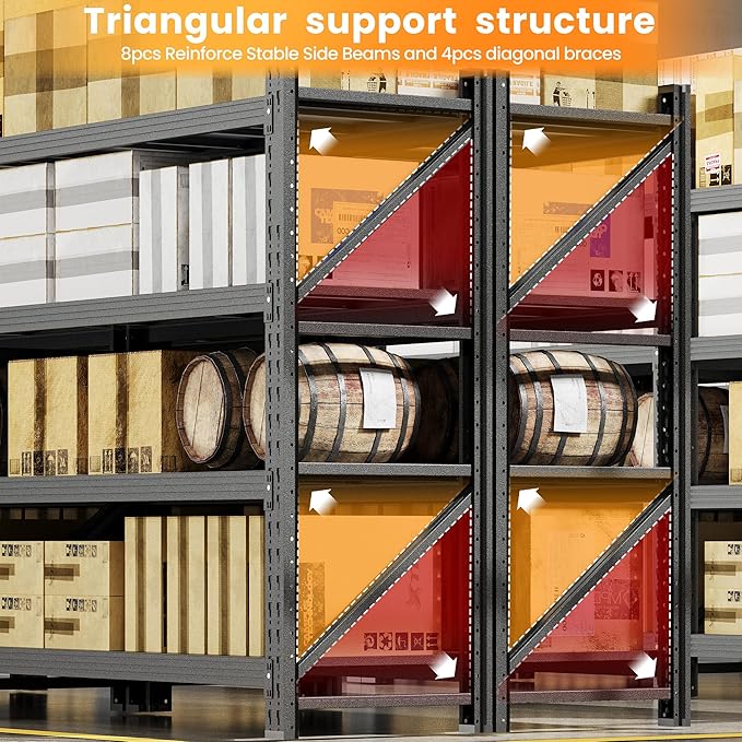 Set of 2 Storage Shelves, 48” Wide Heavy Duty Garage Shelving Units, 4 Tiers Rack Shelf, 24” Deep Steel Industrial Shelving, 3000LBS Adjustable Standing Shelf for Warehouse / Shop 48"W x 24"D x 70"H