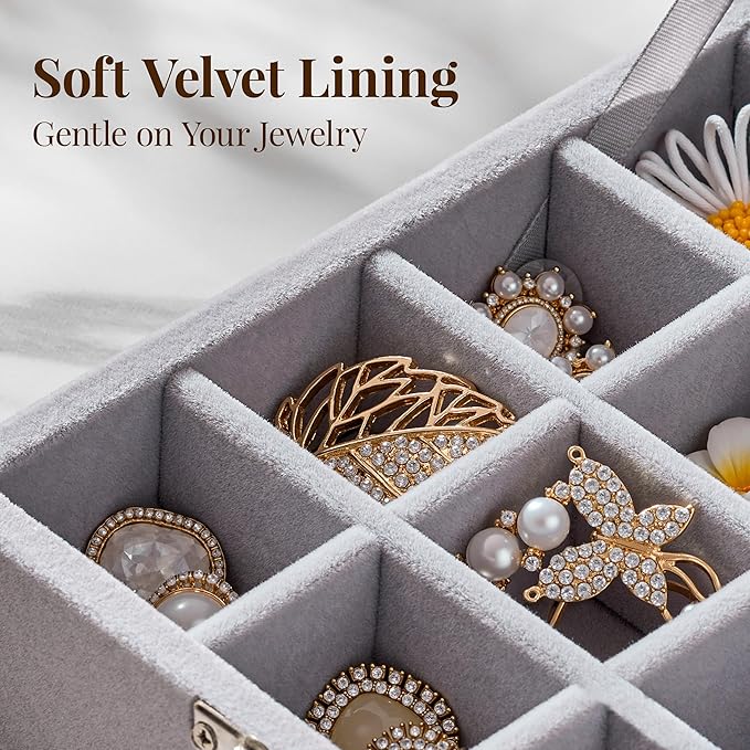 48 Grid Earring Organizer and Storage: Velvet Jewelry Tray with Lid, Jewelry Box for Studs, Earrings, Rings, Necklaces, Dresser & Vanity, Earrings Case Organizer for Girls, Women, Grey