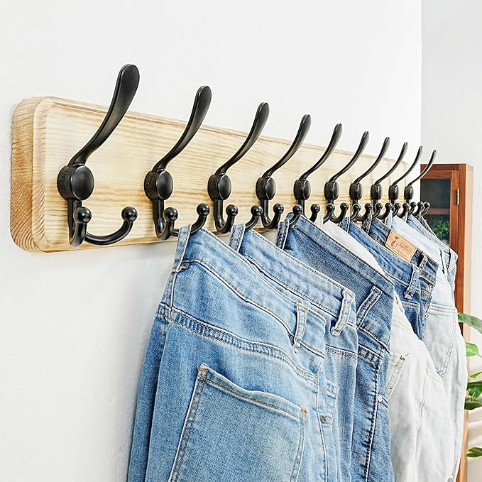 Dseap Coat Rack Wall - Heavy-Duty 38-1/4" Long, with Reinforced 10 Custom Tri-Hooks, Solid Wood Wall Hanger for Coats Hat Jackets - Rustic Farmhouse Entryway Hallway Storage, Light Brown & Black
