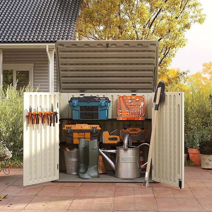 EHHLY Horizontal Resin Storage Shed, 47 Cuft Garden Tool Sheds & Outdoor Storage, Outdoor Plastic Storage Cabinet Waterproof, 4.5 x 2.8 ft Backyard Outside Lawn Mower Storage Shed, Vanilla