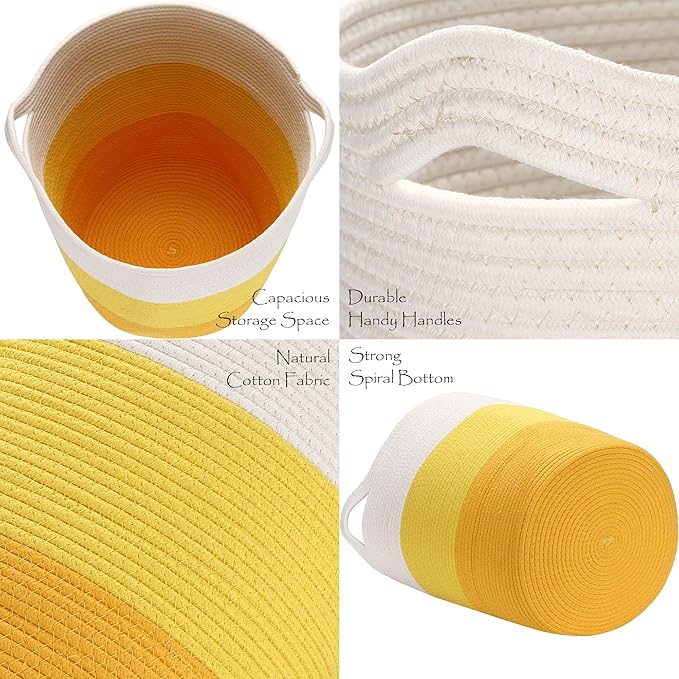 Sea Team Large Size Cotton Rope Woven Storage Basket with Handles, Laundry Hamper, Fabric Bucket, Drum, Clothes Toys Organizer for Kid's Room, 20 x 14 inches, Round Open Design, White & Yellow