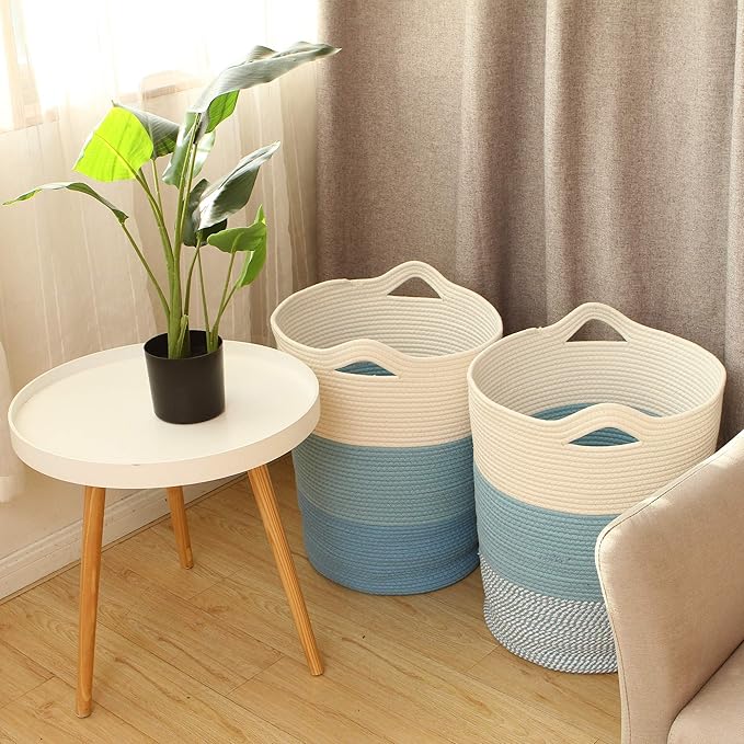 Sea Team Large Size Cotton Rope Woven Storage Basket with Handles, Laundry Hamper, Fabric Bucket, Drum, Clothes Toys Organizer for Kid's Room, 20 x 14 inches, Round Open Design, White & Blue