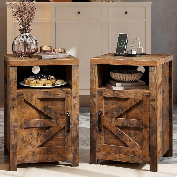 Farmhouse Nightstand with Charging Station, Couch Side Table Set of 2, Bedside Table with Storage Space, End Tables with Barn Door, Bed Side Tables for Living Room and Bedroom, Rustic Brown