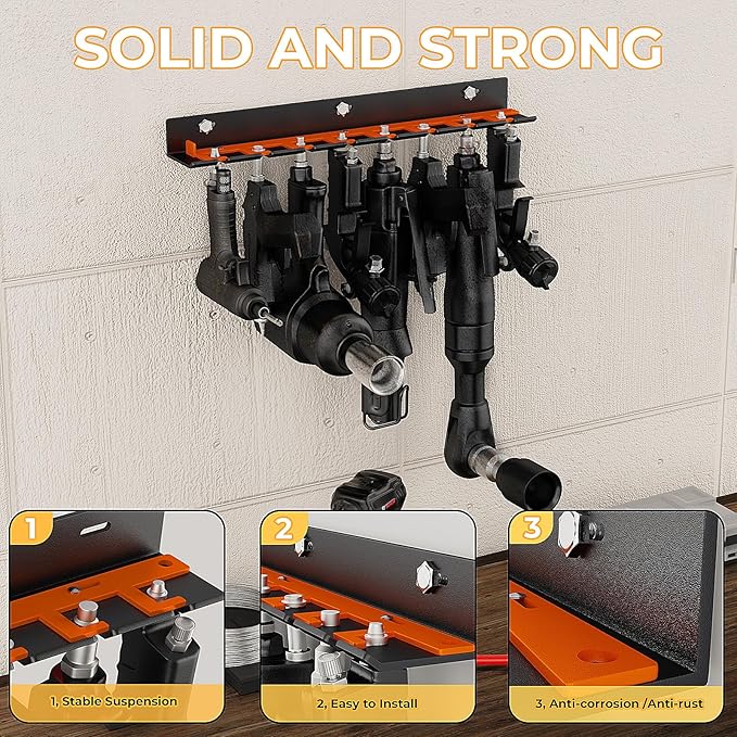 Air Tool Holder, Air Tool Rack for Garage Walls and Tool Cart Storage Organizer，Wall Mounted Lockable Pneumatic Tool Hanger for Air Compressor Tools, Pneumatic Nail Gun, Black-8 Slots