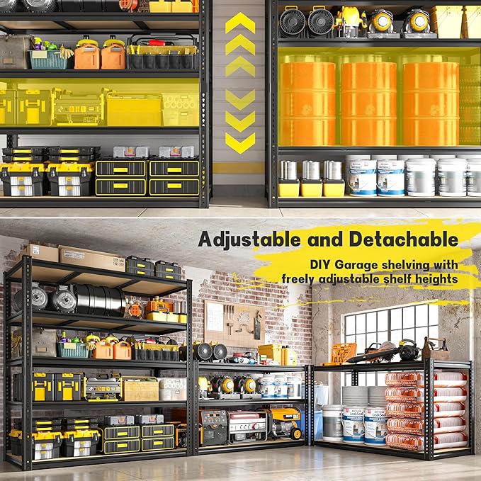 48" W Garage Shelving Heavy Duty 3200LBS Garage Storage Shelving, 5 Tier Adjustable Metal Shelving Unit Utility Rack Shelf for Warehouse, Pantry, Closet, Kitchen 72" H x 48" W x 24" D, Black,2PCS