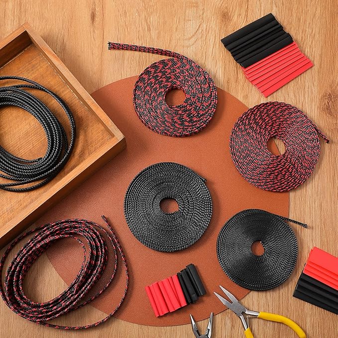Xuniea 96ft Wire Loom Braided Cable Sleeve Covers Cord Management with 127 Pcs Tube Heat Shrinkable for Audio Video Cable Cord Protectors from Pets(1/4, 1/2, 3/4 Inch,Black and Red)