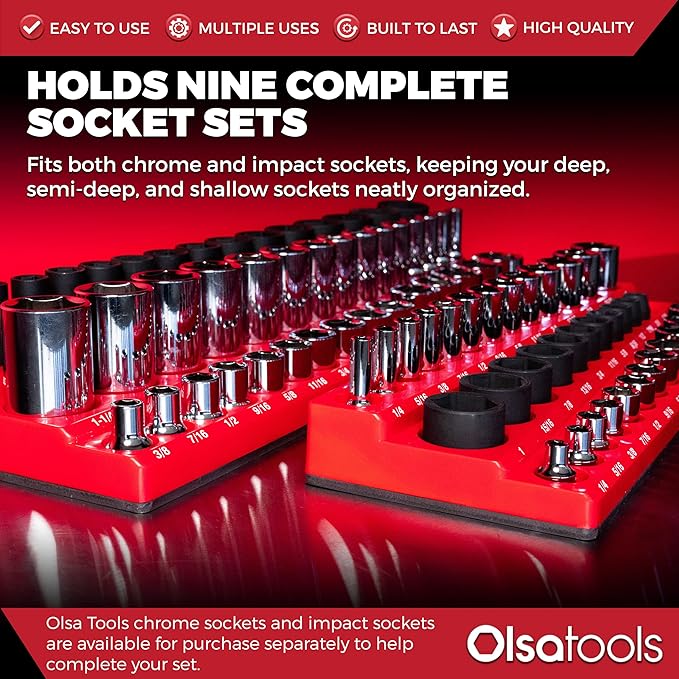 Olsa Tools Magnetic Socket Organizer | 6pc Socket Holder Kit | 1/2-Inch, 3/8-Inch, & 1/4-Inch Drive | Socket Organizers For Toolboxes | Blue | Holds 273 | Professional-Grade Tool Organizer | Part 1669
