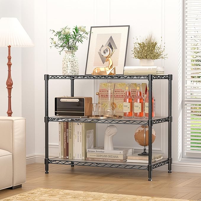 3-Shelf Adjustable Storage Shelves Metal Shelving Unit Heavy Duty Wire Rack Small Organizer with 3 Shelf Liners for Kitchen Pantry Bathroom Laundry Closet Garage 24" W x 14" D x 30" H Black