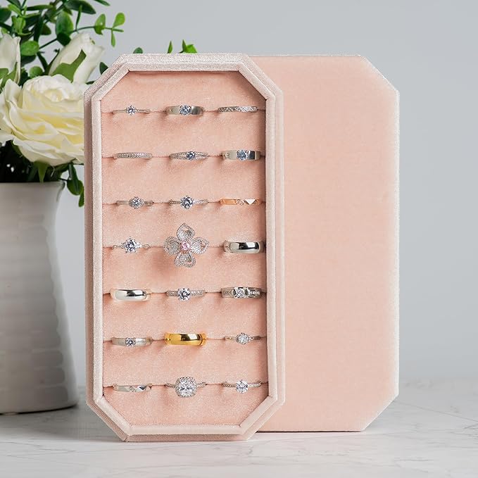 Velvet Ring Organizer Display Tray Jewelry Box Earring Holder Case for Wedding Birthday Christmas Day (Light Pink)