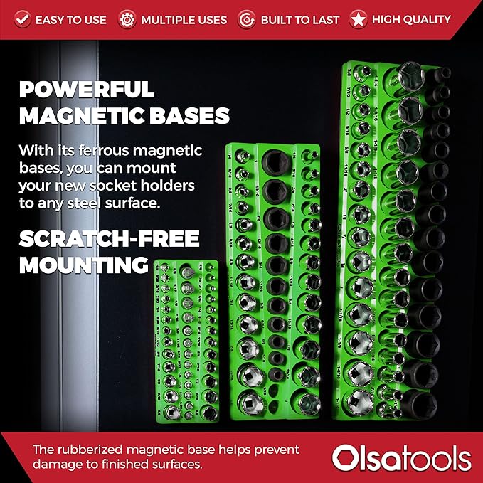 Olsa Tools Magnetic Socket Organizer | 6pc Socket Holder Kit | 1/2-Inch, 3/8-Inch, & 1/4-Inch Drive | Socket Organizers For Toolboxes | Black | Holds 273 | Professional-Grade Tool Organizer |Part 1666