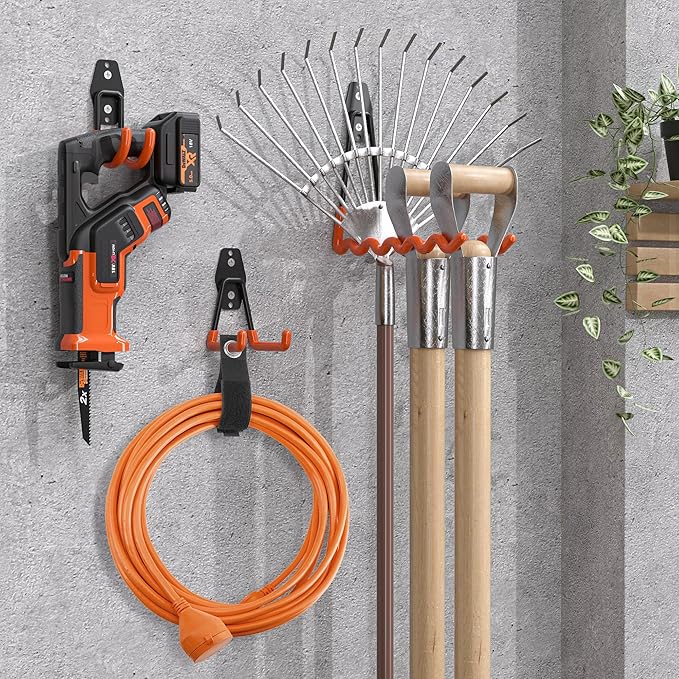 Nacial 18 Pack Garage Hooks Heavy Duty, Utility Steel Garage Storage Hook with 2 Extension Cord Storage Straps, Utility Garage Wall Mount Hooks for Hanging Bike, Ladder and Garden Tools, Orange