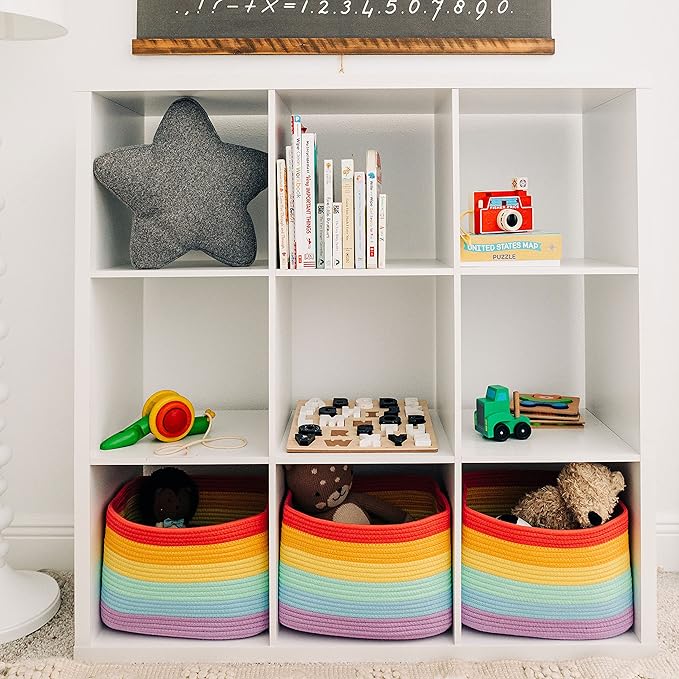 OrganiHaus Set of 3 Rainbow Woven Storage Baskets for Shelves, Decorative Organizer Bins for Kids Room, Nursery & Classroom, Colorful Toy Storage Basket for Playroom Decor – 15x9x10 inches