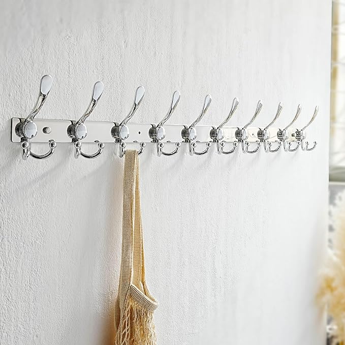 Dseap MaxStrong 2.0 Coat Rack Wall - 37” Long 10 Tri Hooks - Ultra Heavy-Duty Stainless Steel Wall Mount Coat Hanger, Hook Rail for Clothes Hats Jacket Towels Chromed, Pack of 2