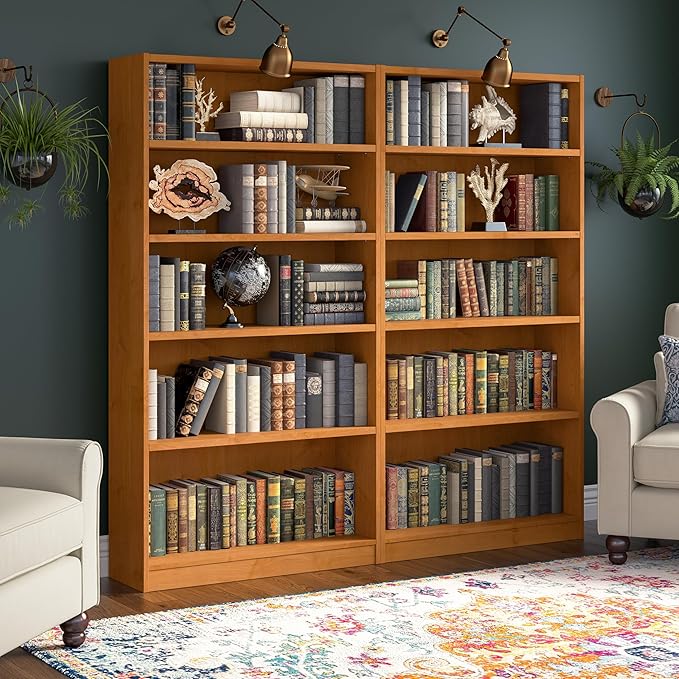 Bush Furniture Universal Tall 5 Shelf Bookcase in Natural Cherry, Vertical Storage and Display Bookshelf for Home Office or Living Room Organization