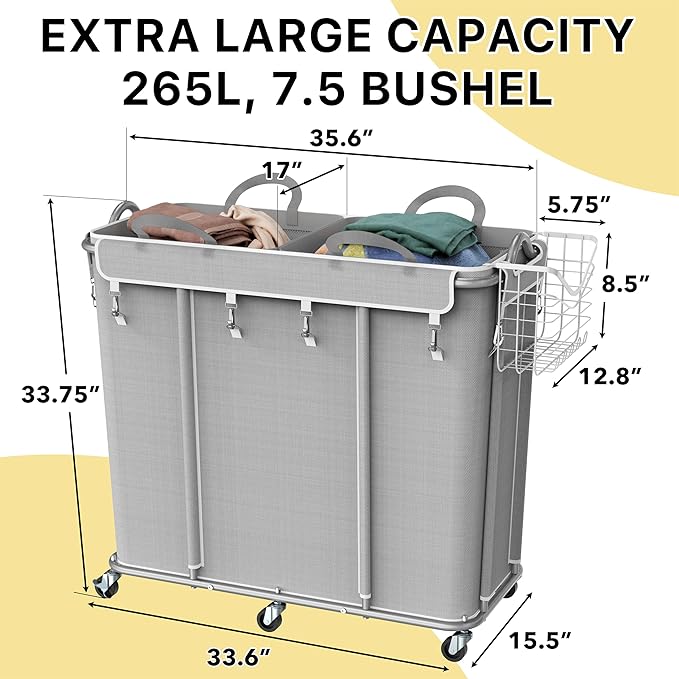 Simple Houseware Extra Large 2 Section Rolling Laundry Cart 265 Liter – Heavy Duty Hamper with 2 Removable Bags & 6 Smooth Wheels – Commercial Laundry Organizer for Home, Hotel, Dorm, Gym, Gray