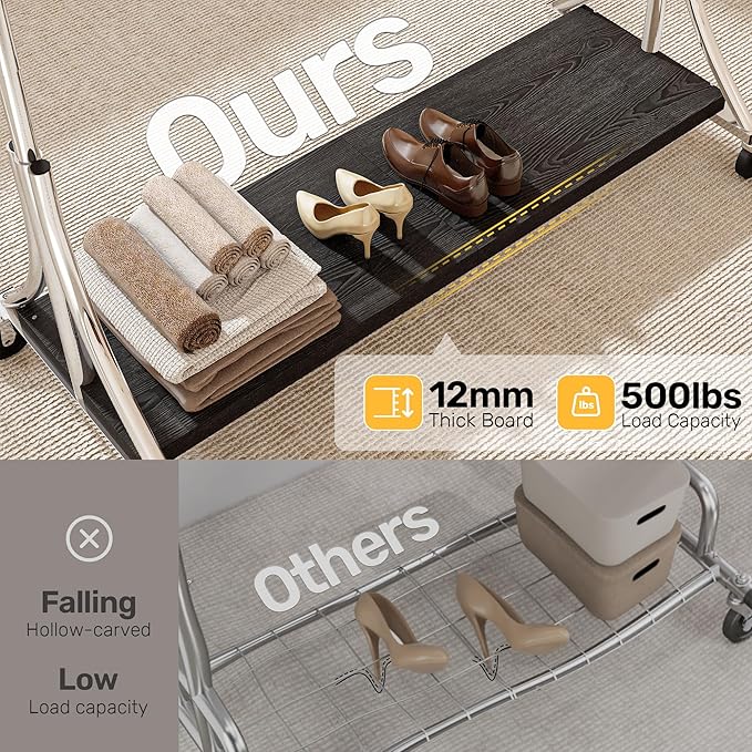 HOKEEPER Clothes Rack with Wood Shelves Height Adjustable Clothing Rack with Lockable Wheels 500LBS Portable Wooden Garment Closet for Bedroom, Living Room, Laundry, Balcony, Silver