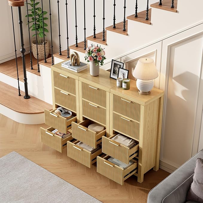 Modern 12-Drawer Solid Wood Dresser with Fluted Front & Gold Handles, Multifunctional Tall Storage Chest, for Hallway, Entryway, Natural X3