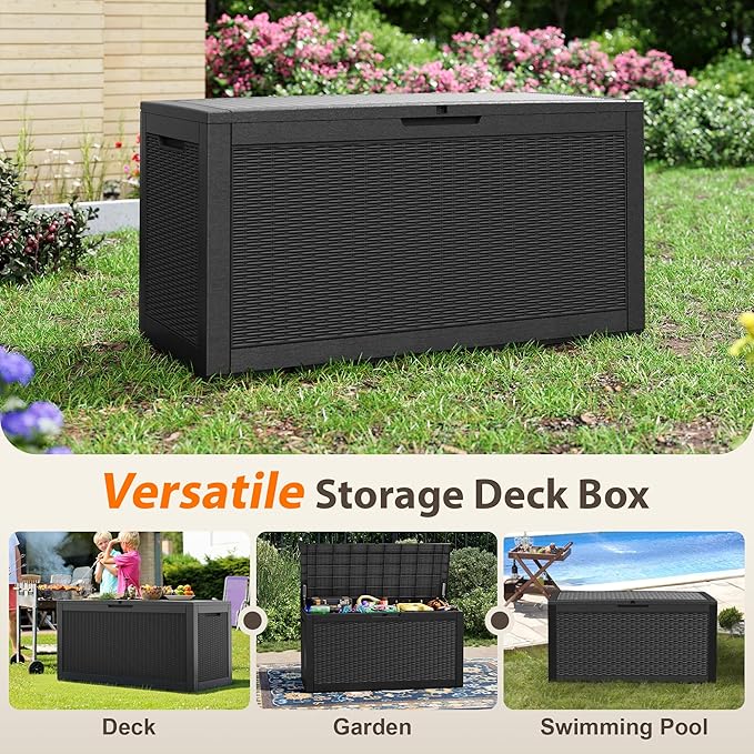100 Gallon Outdoor Storage Box Waterproof, Resin Deck Box Doubles as 2-Person Bench Seat, Lockable Patio Storage Boxes Outdoor Waterproof for Furniture, Gardening Tools, Black