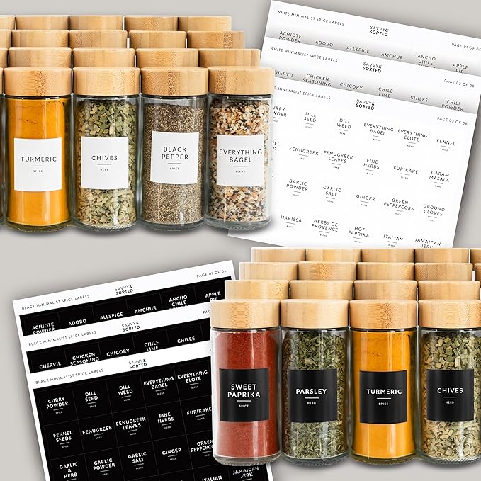 SAVVY & SORTED Glass Spice Jars with Label, 24PK Round Bamboo Jar Spices Set 4oz, 374 Spice Labels, Pepper Grinder, Empty Herb Seasoning Containers, Funnel and Shaker Lids