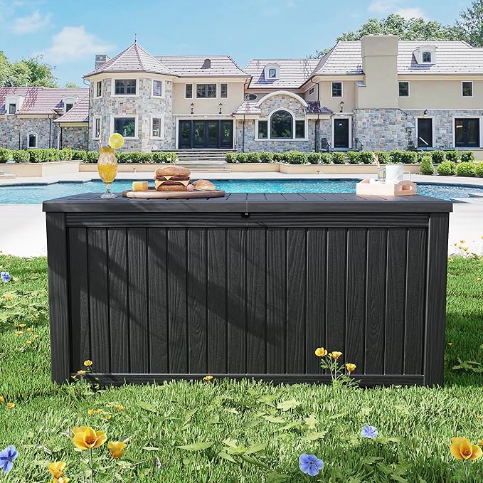 270 Gallon Resin Deck Box, Waterproof Outdoor Storage Box for Patio Furniture Cushions, Garden Tools, and Pool Accessories, Large Lockable UV-Resistant Storage Bin Bench Cabinet for Outside, Black