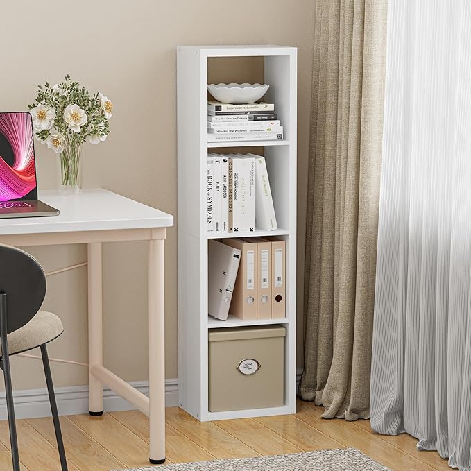Cube Storage Organizer Bookcase, Small 4 Tier 11 inch Open Back Cubical Shelf with Thickened Border, Display Bookshelf for Living Room, Home Office, Sturdy Room (White, 4 Cube,Vertical)