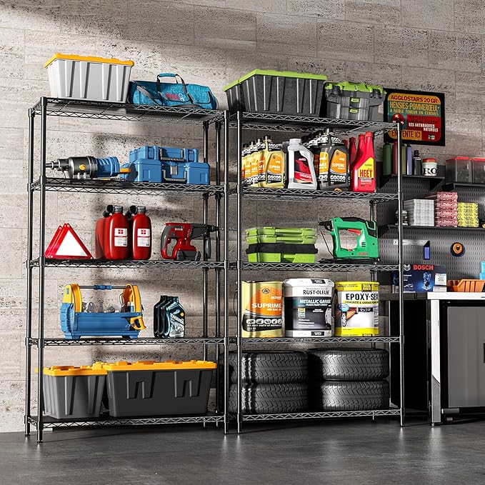 5-Tier Storage Shelves 72" H Wire Shelving with 5 Shelf Liners, 1325LBS Adjustable Metal Shelving, Heavy Duty Steel Wire Rack for Garage Commercial Pantry Kitchen, 36" W x 14" D x 72" H, Black