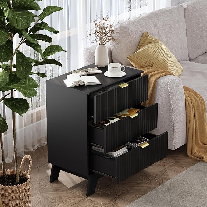 Night Stand Set 2, Bedside Table & End Table, Mid Century Modern Fluted Wood Nightstand with 3 Drawers & Metal Handles, Farmhouse Nightstand for Bedroom, Black