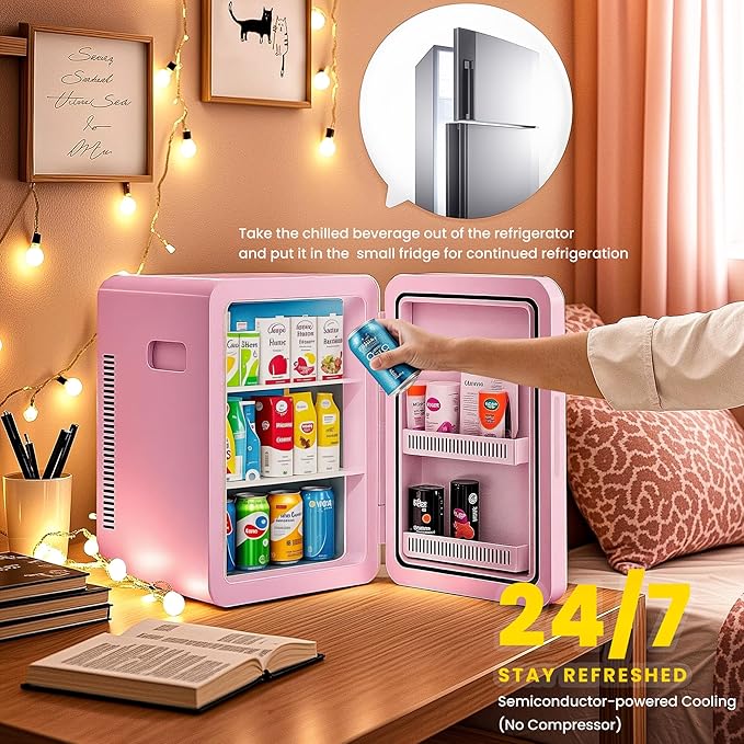 22L/30Cans Mini Fridge for Bedroom, 12v DC Portable Cooler & Warmer, Mini Refrigerator with Glass Front, for Car Office Desk & Dorm Room Food Beverage Skincare Makeup (Pink)