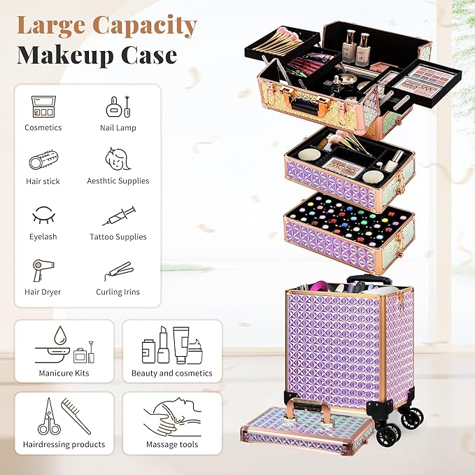 AROUS 5 in 1 Rolling Makeup Train Case Cosmetology Case on Wheels Large Cosmetic Organizer Travel Cart for Hairstylist Artist Nail Beauty Salon Barber,Colorful
