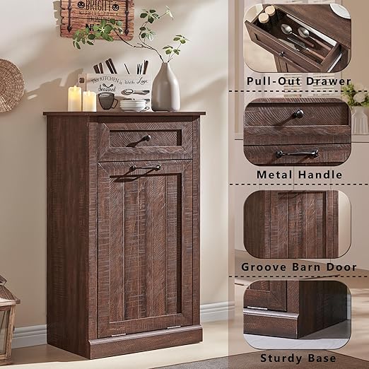 Tilt Out Trash Can Cabinet, 10 Gallon Farmhouse Laundry Hamper Cabinet with Drawer, Hidden Wooden Trash Garbage Can Bin with Storage Basket for Kitchen, Living Room (Brown)