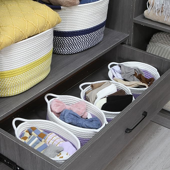 Sea Team 2-Pack Cotton Rope Baskets, 10 x 3 Inches Small Woven Storage Basket, Fabric Tray, Bowl, Round Open Dish for Fruits, Jewelry, Keys, Sewing Kits (Lavender & White)