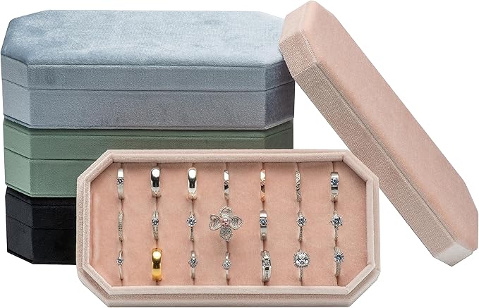 Velvet Ring Organizer Display Tray Jewelry Box Earring Holder Case for Wedding Birthday Christmas Day (Light Pink)